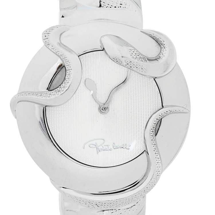Pre Owned Roberto Cavalli Silver Stainless Steel Snake R7253165515 Women's Wristwatch 37 mm