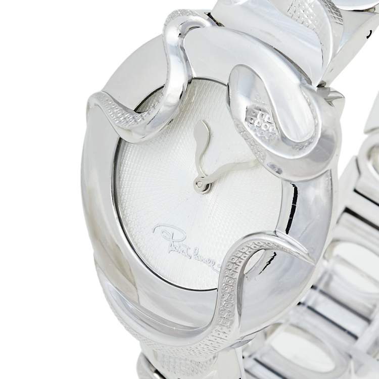 Pre Owned Roberto Cavalli Silver Stainless Steel Snake R7253165515 Women's Wristwatch 37 mm