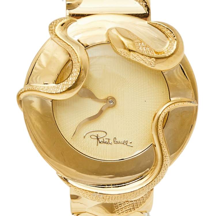 Pre Owned Roberto Cavalli Yellow Gold Plated Stainless Steel Snake 7253165517 Women's Wristwatch 37 mm