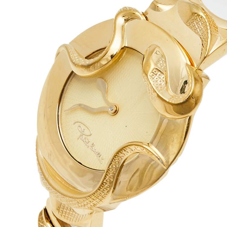 Pre Owned Roberto Cavalli Yellow Gold Plated Stainless Steel Snake 7253165517 Women's Wristwatch 37 mm