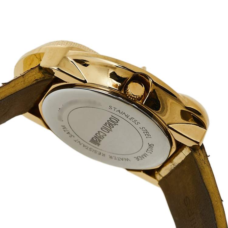 Pre Owned Roberto Cavalli Champagne Gold Plated Stainless Steel Snake 7251165617 Women's Wristwatch 37 mm