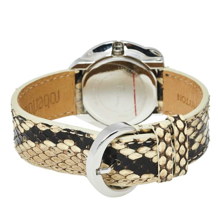 Pre Owned Roberto Cavalli Brown Stainless Steel Python Leather Snake SWL010 Women's Wristwatch 37 mm