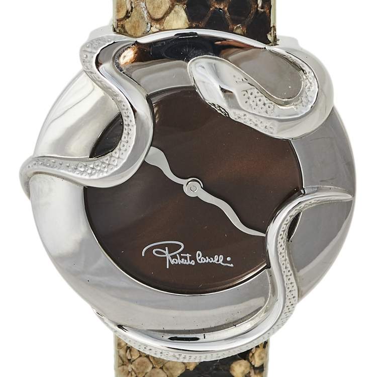 Pre Owned Roberto Cavalli Brown Stainless Steel Python Leather Snake SWL010 Women's Wristwatch 37 mm