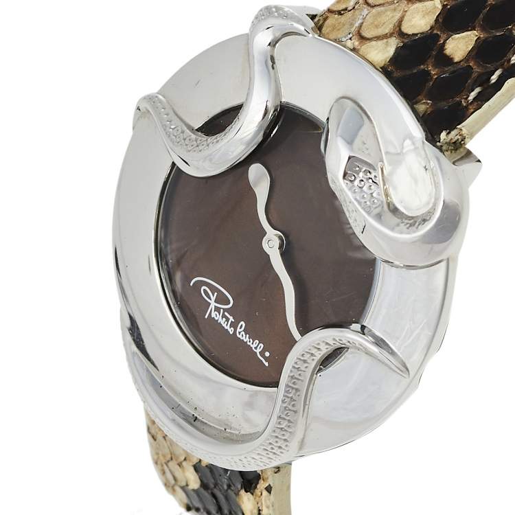 Pre Owned Roberto Cavalli Brown Stainless Steel Python Leather Snake SWL010 Women's Wristwatch 37 mm