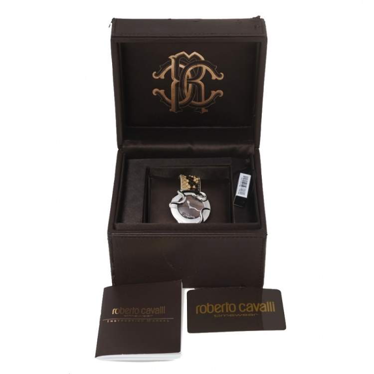 Pre Owned Roberto Cavalli Brown Stainless Steel Python Leather Snake SWL010 Women's Wristwatch 37 mm
