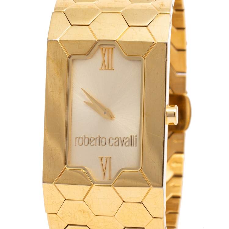 Pre Owned Roberto Cavalli Gold Plated Stainless Steel Beehive R7253139565 Women's Wristwatch 25 mm