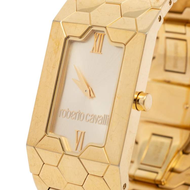 Pre Owned Roberto Cavalli Gold Plated Stainless Steel Beehive R7253139565 Women's Wristwatch 25 mm