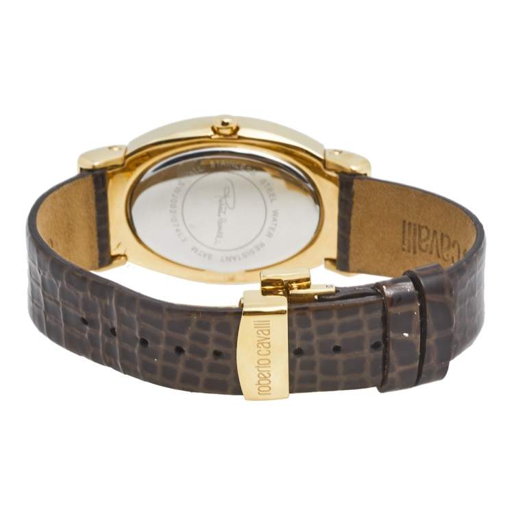 Pre Owned Roberto Cavalli Brown Gold Plated Stainless Steel Leather SWJ002/07403 Women's Wristwatch 28 mm
