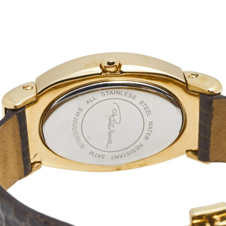Pre Owned Roberto Cavalli Brown Gold Plated Stainless Steel Leather SWJ002/07403 Women's Wristwatch 28 mm