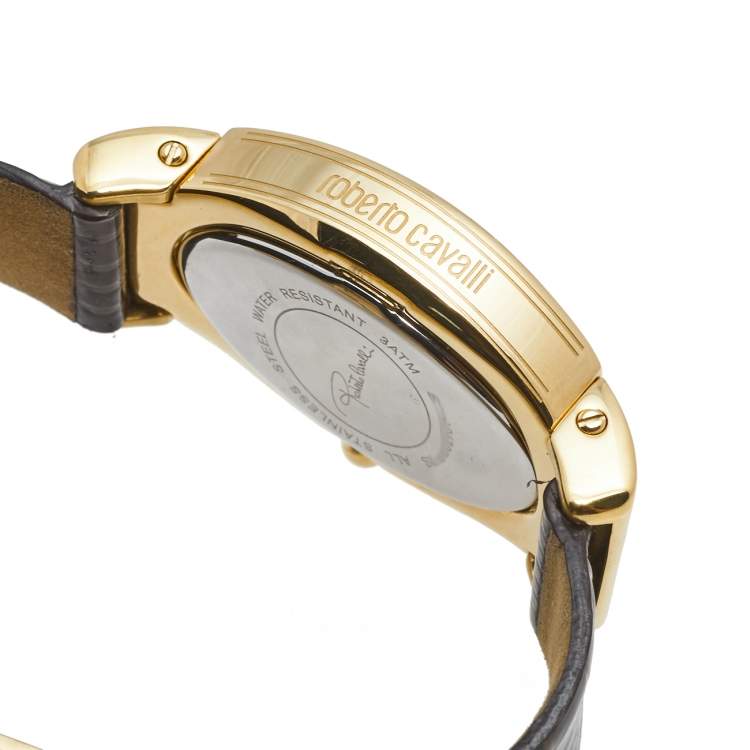 Pre Owned Roberto Cavalli Brown Gold Plated Stainless Steel Leather SWJ002/07403 Women's Wristwatch 28 mm