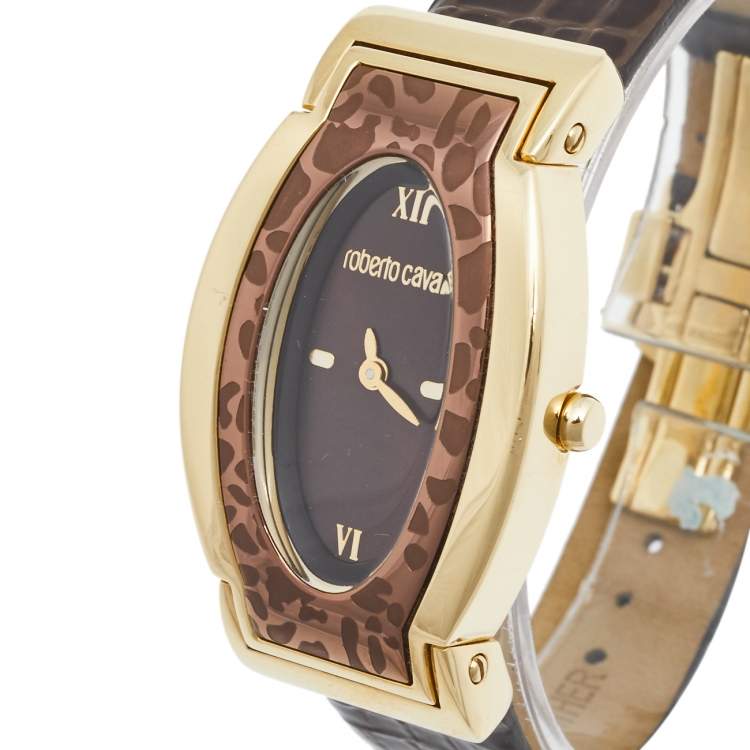 Pre Owned Roberto Cavalli Brown Gold Plated Stainless Steel Leather SWJ002/07403 Women's Wristwatch 28 mm