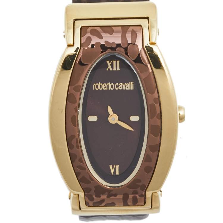 Pre Owned Roberto Cavalli Brown Gold Plated Stainless Steel Leather SWJ002/07403 Women's Wristwatch 28 mm