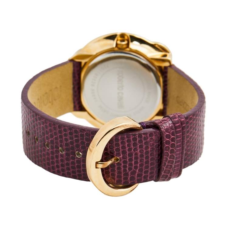 Pre Owned Roberto Cavalli Champagne Rose Gold Plated Stainless Steel Lizard 7251165528 Women's Wristwatch 38 mm