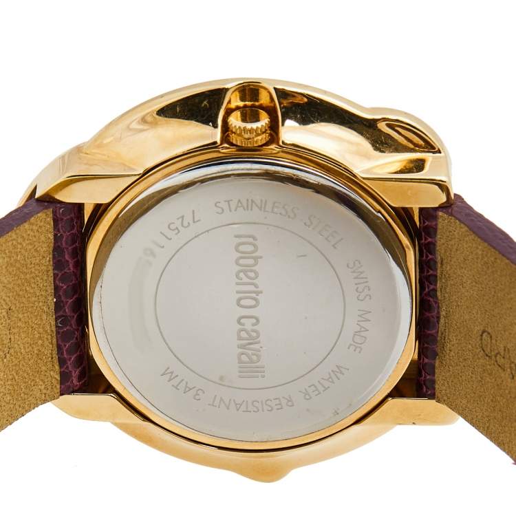 Pre Owned Roberto Cavalli Champagne Rose Gold Plated Stainless Steel Lizard 7251165528 Women's Wristwatch 38 mm