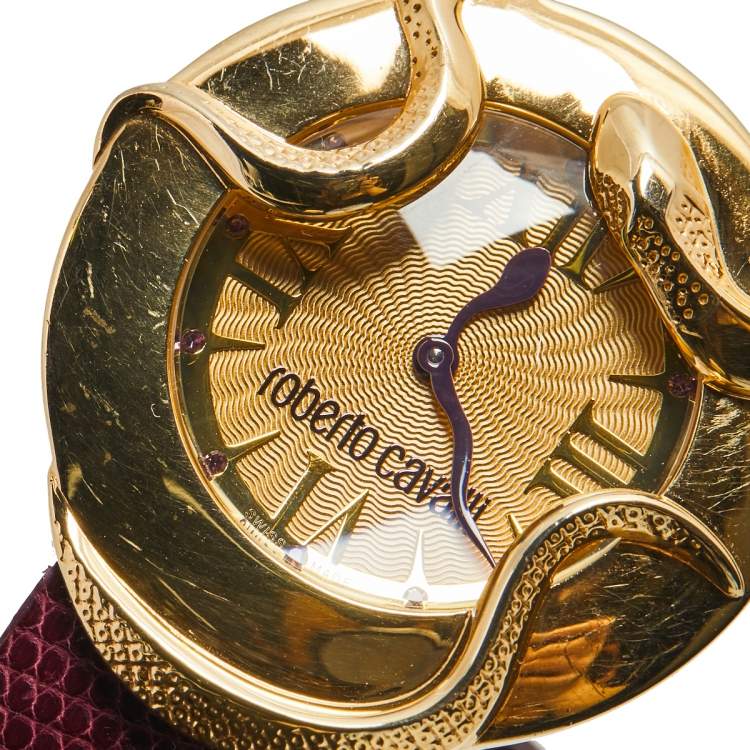 Pre Owned Roberto Cavalli Champagne Rose Gold Plated Stainless Steel Lizard 7251165528 Women's Wristwatch 38 mm