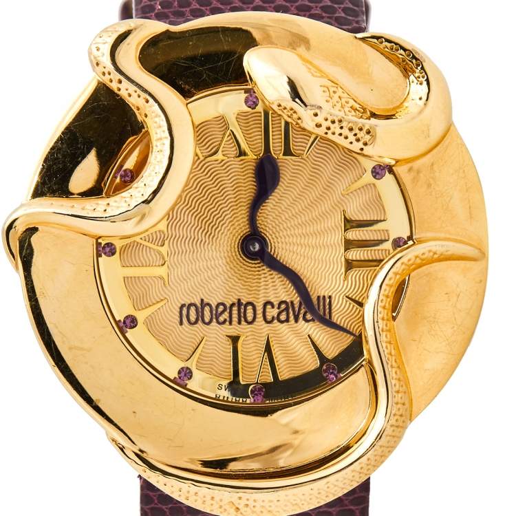 Pre Owned Roberto Cavalli Champagne Rose Gold Plated Stainless Steel Lizard 7251165528 Women's Wristwatch 38 mm