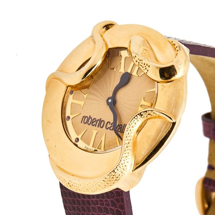 Pre Owned Roberto Cavalli Champagne Rose Gold Plated Stainless Steel Lizard 7251165528 Women's Wristwatch 38 mm