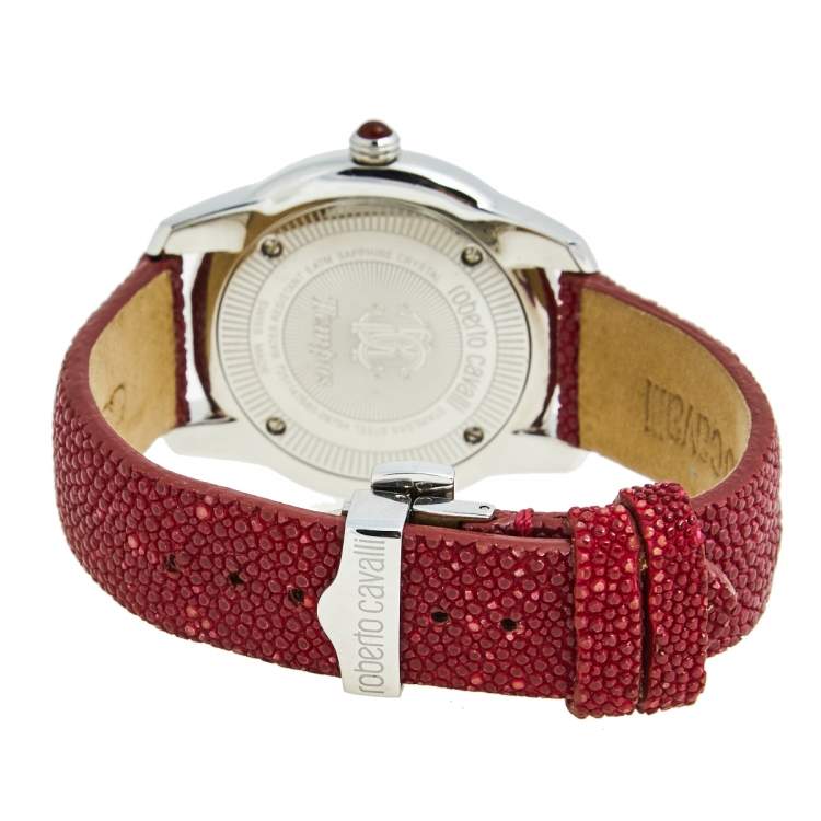 Pre Owned Roberto Cavalli Burgundy Stainless Steel Stingray Crystal Fugit R7251147585 Women's Wristwatch 37 mm