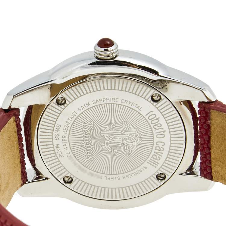 Pre Owned Roberto Cavalli Burgundy Stainless Steel Stingray Crystal Fugit R7251147585 Women's Wristwatch 37 mm
