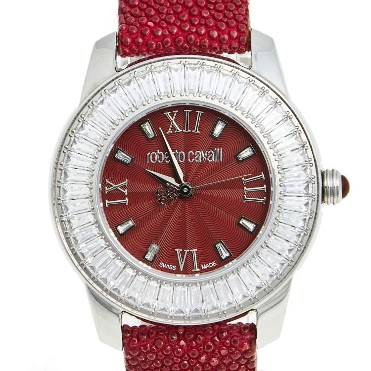 Pre Owned Roberto Cavalli Burgundy Stainless Steel Stingray Crystal Fugit R7251147585 Women's Wristwatch 37 mm
