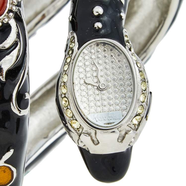 Pre Owned Roberto Cavalli Silver Stainless Steel Enamel Eva R7253132515 Women's Wristwatch 21 mm