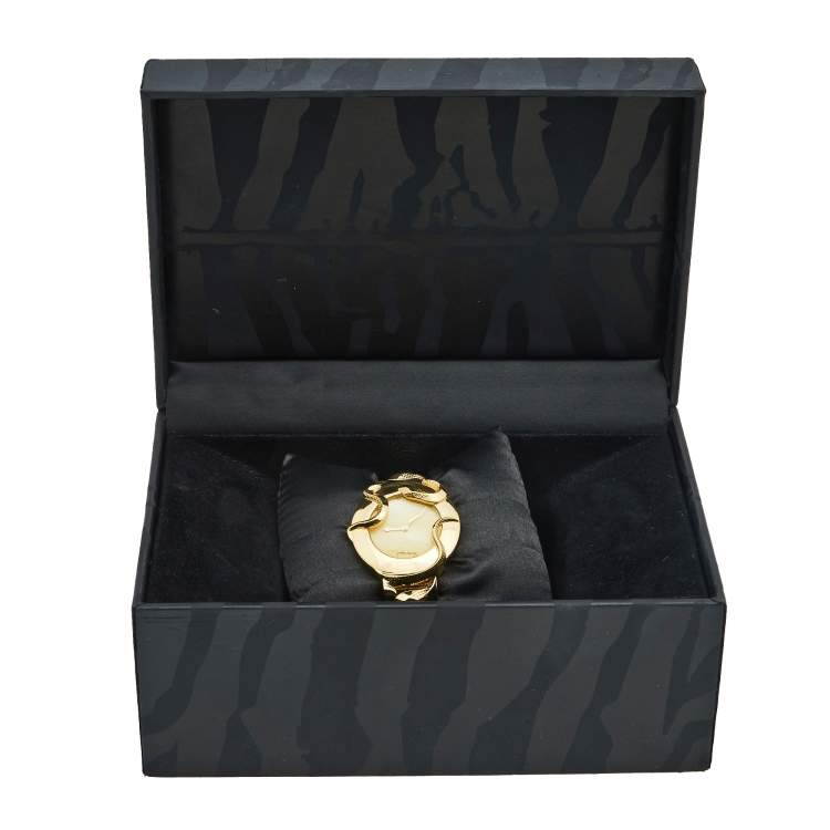 Pre Owned Roberto Cavalli Champagne Yellow Gold Plated Stainless Steel Snake R7253165517 Women's Wristwatch 37 mm