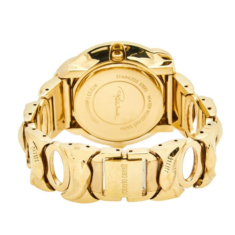 Pre Owned Roberto Cavalli Champagne Yellow Gold Plated Stainless Steel Snake R7253165517 Women's Wristwatch 37 mm