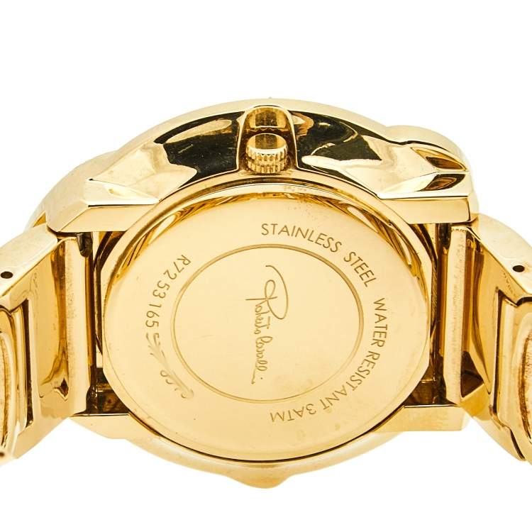 Pre Owned Roberto Cavalli Champagne Yellow Gold Plated Stainless Steel Snake R7253165517 Women's Wristwatch 37 mm