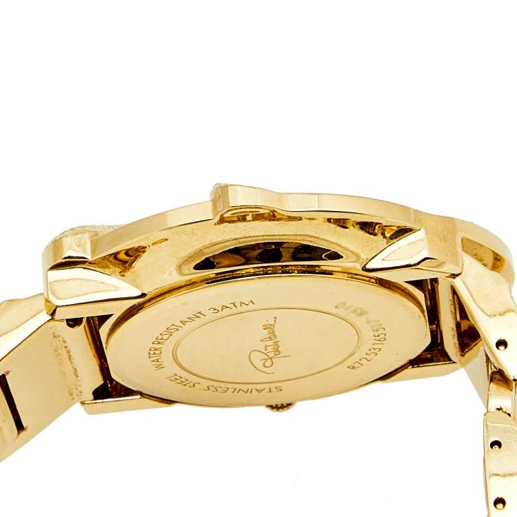 Pre Owned Roberto Cavalli Champagne Yellow Gold Plated Stainless Steel Snake R7253165517 Women's Wristwatch 37 mm