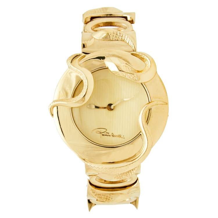 Pre Owned Roberto Cavalli Champagne Yellow Gold Plated Stainless Steel Snake R7253165517 Women's Wristwatch 37 mm