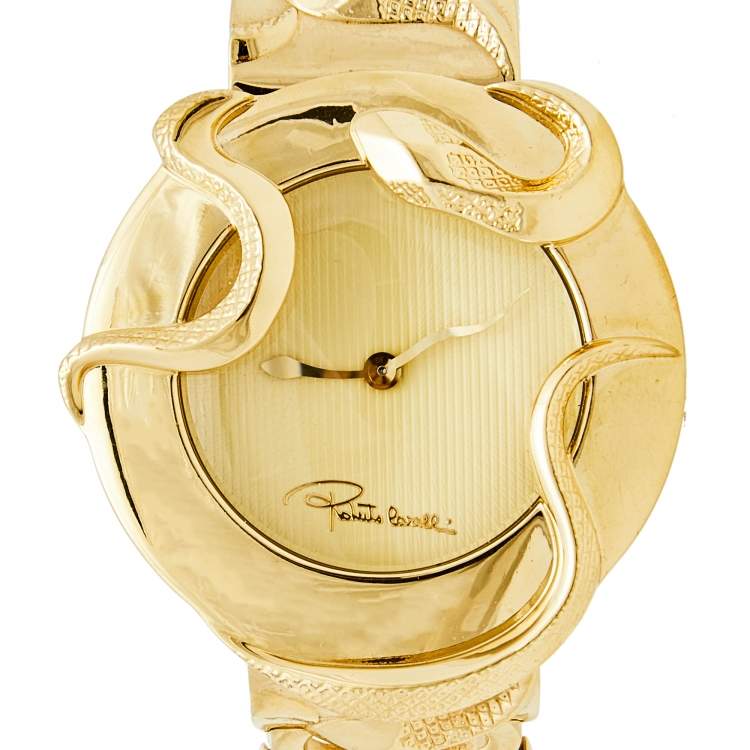 Pre Owned Roberto Cavalli Champagne Yellow Gold Plated Stainless Steel Snake R7253165517 Women's Wristwatch 37 mm