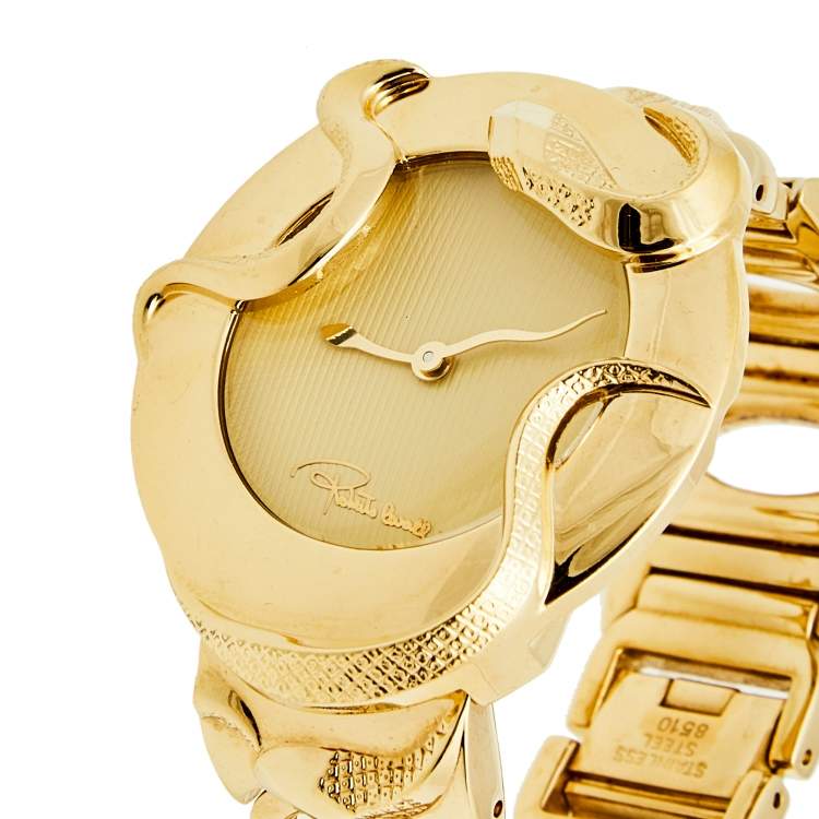Pre Owned Roberto Cavalli Champagne Yellow Gold Plated Stainless Steel Snake R7253165517 Women's Wristwatch 37 mm