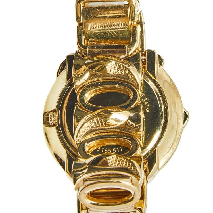 Pre Owned Roberto Cavalli Champagne Yellow Gold Plated Stainless Steel Snake R7253165517 Women's Wristwatch 37 mm