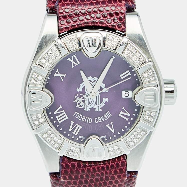 Pre Owned Roberto Cavalli Purple Stainless Steel Lizard Diamond Time R7251116555 Women's Wristwatch 38 mm