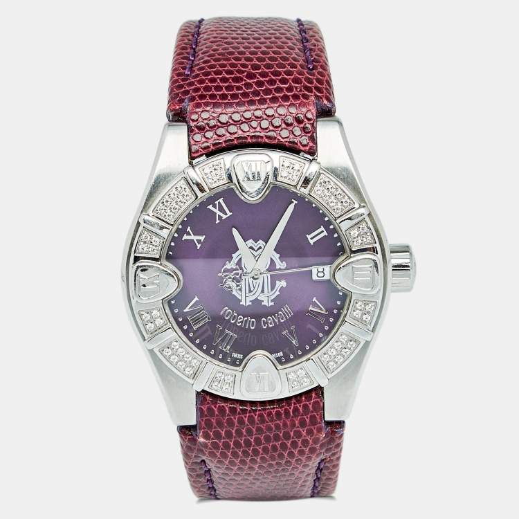 Pre Owned Roberto Cavalli Purple Stainless Steel Lizard Diamond Time R7251116555 Women's Wristwatch 38 mm
