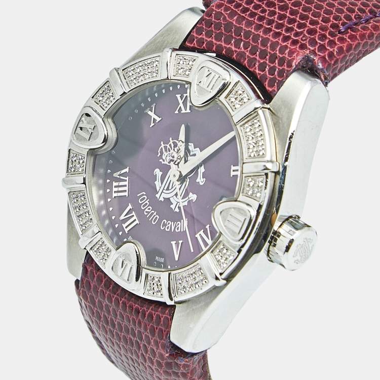 Pre Owned Roberto Cavalli Purple Stainless Steel Lizard Diamond Time R7251116555 Women's Wristwatch 38 mm