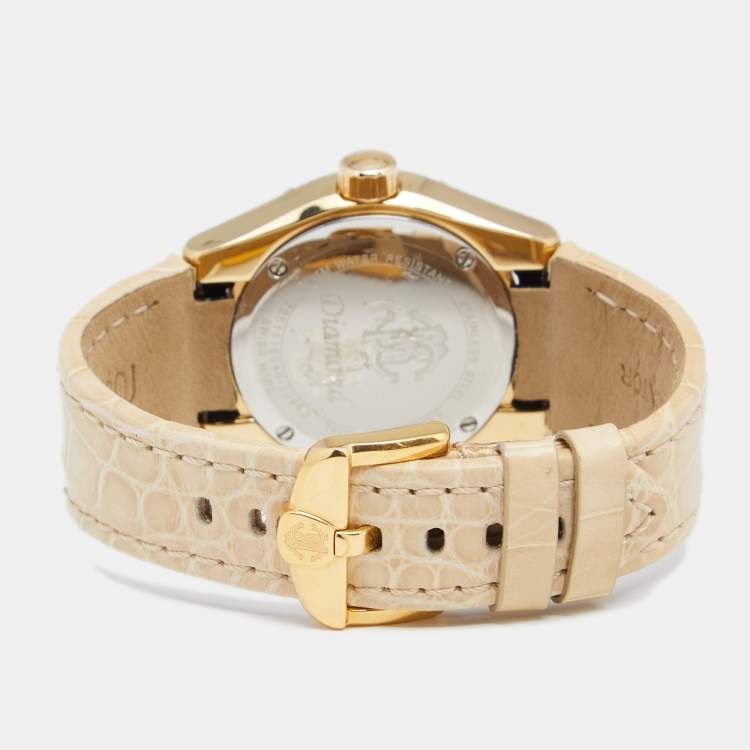 Pre Owned Roberto Cavalli Champagne Yellow Gold Plated Stainless Alligator Steel Diamond R7251116545 Women's Wristwatch 38 mm