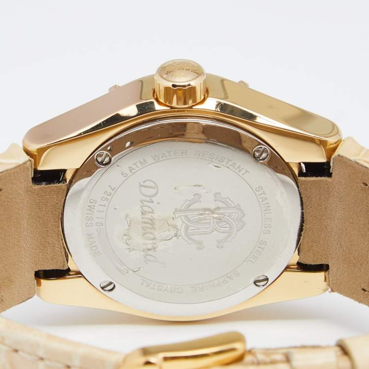 Pre Owned Roberto Cavalli Champagne Yellow Gold Plated Stainless Alligator Steel Diamond R7251116545 Women's Wristwatch 38 mm