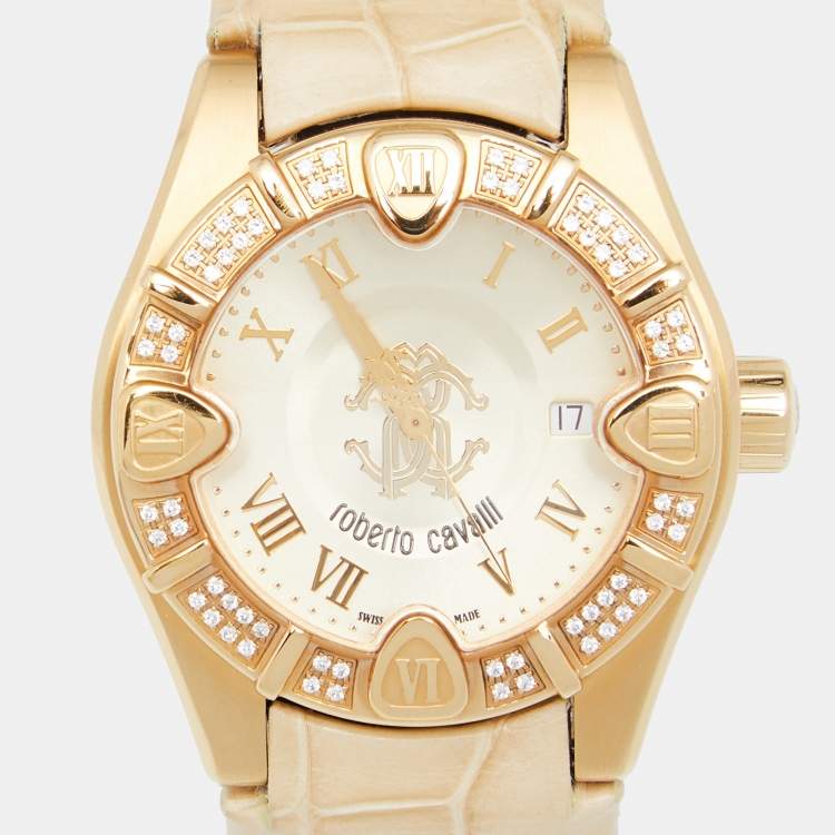 Pre Owned Roberto Cavalli Champagne Yellow Gold Plated Stainless Alligator Steel Diamond R7251116545 Women's Wristwatch 38 mm