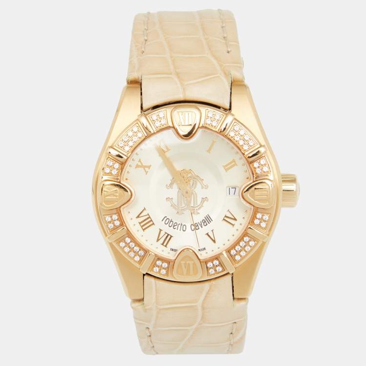 Pre Owned Roberto Cavalli Champagne Yellow Gold Plated Stainless Alligator Steel Diamond R7251116545 Women's Wristwatch 38 mm