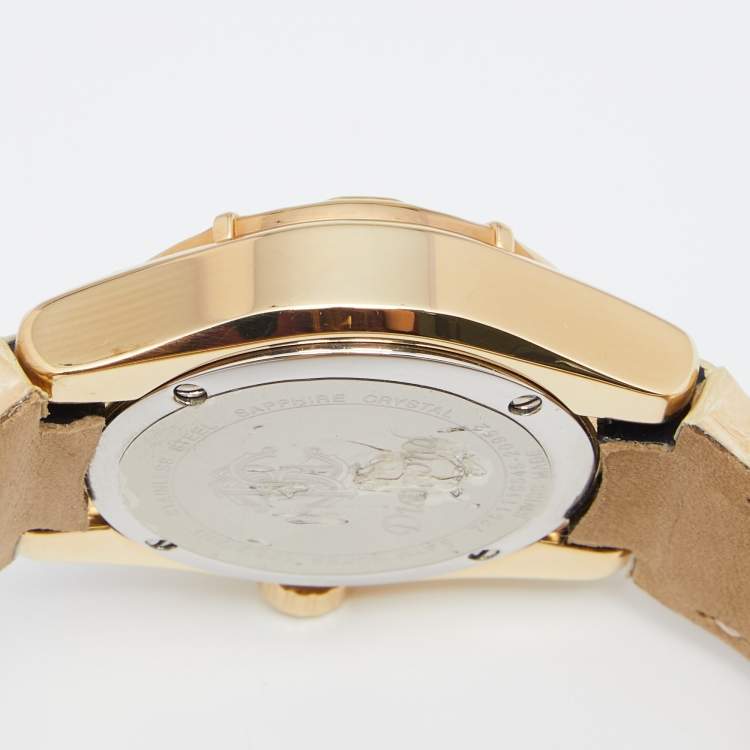 Pre Owned Roberto Cavalli Champagne Yellow Gold Plated Stainless Alligator Steel Diamond R7251116545 Women's Wristwatch 38 mm