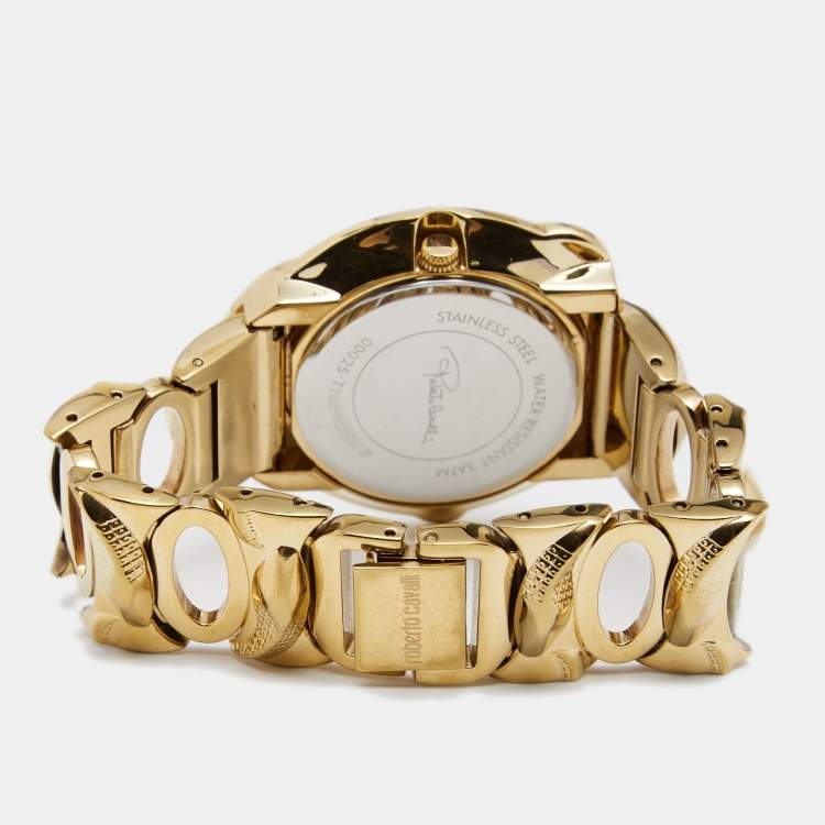 Pre Owned Roberto Cavalli Cream Gold Tone Stainless Steel Snake Women's Wristwatch 37 mm
