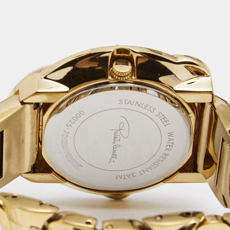 Pre Owned Roberto Cavalli Cream Gold Tone Stainless Steel Snake Women's Wristwatch 37 mm