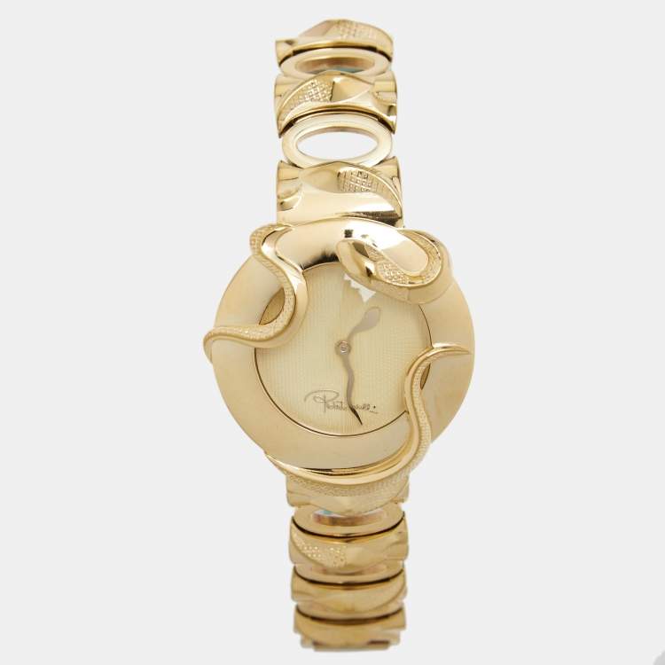 Pre Owned Roberto Cavalli Cream Gold Tone Stainless Steel Snake Women's Wristwatch 37 mm