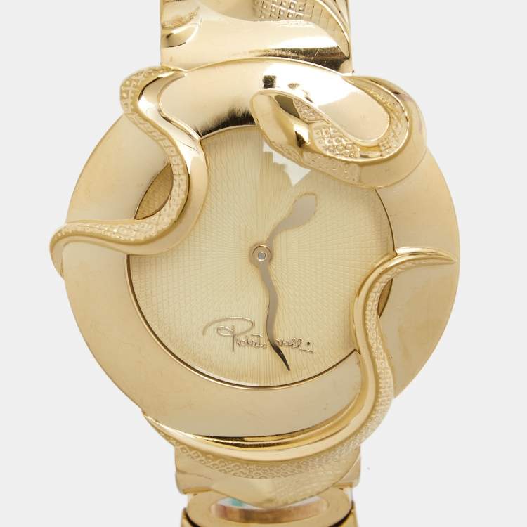 Pre Owned Roberto Cavalli Cream Gold Tone Stainless Steel Snake Women's Wristwatch 37 mm