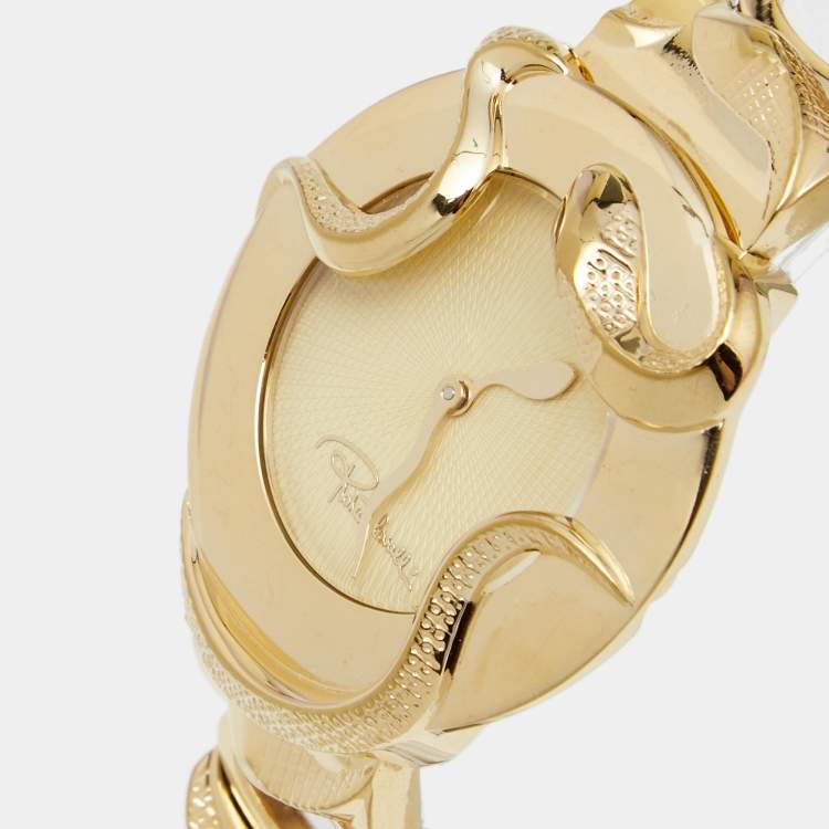 Pre Owned Roberto Cavalli Cream Gold Tone Stainless Steel Snake Women's Wristwatch 37 mm
