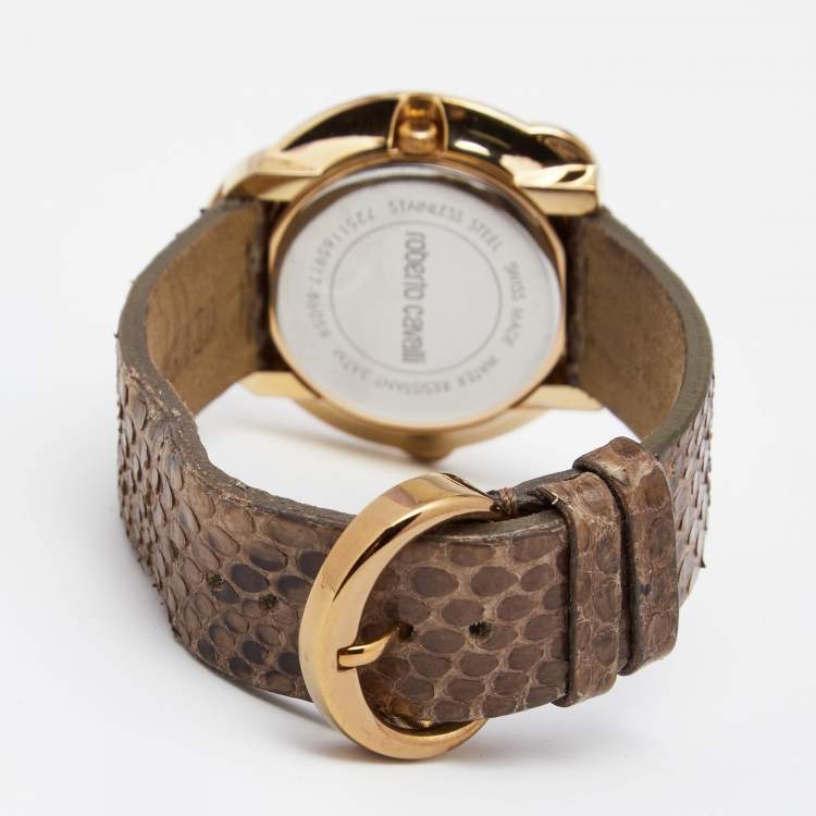 Pre Owned Roberto Cavalli Brown Gold Tone Stainless Steel Python 7251165917 Women's Wristwatch 37 mm