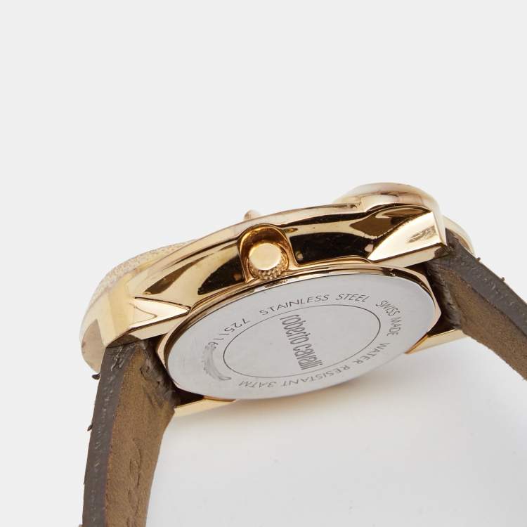 Pre Owned Roberto Cavalli Brown Gold Tone Stainless Steel Python 7251165917 Women's Wristwatch 37 mm