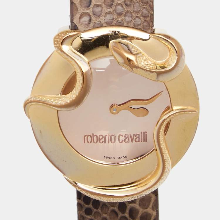Pre Owned Roberto Cavalli Brown Gold Tone Stainless Steel Python 7251165917 Women's Wristwatch 37 mm