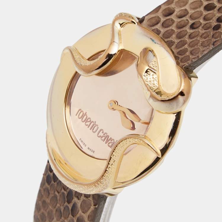 Pre Owned Roberto Cavalli Brown Gold Tone Stainless Steel Python 7251165917 Women's Wristwatch 37 mm